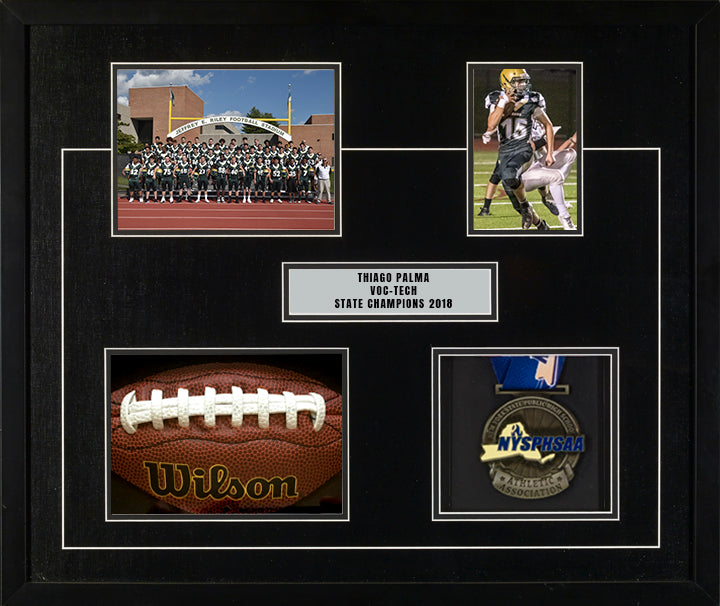 20" x 24" frame includes 8" x 6" football team picture, 4" x 6" individual football player picture, a piece of an authentic Wilson football, and a state tournament winning medal. 